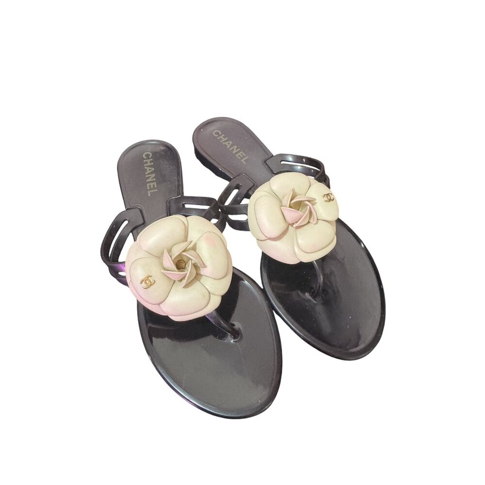 Chanel Womens Black & White Flower CC Logo Flat Activewear Sandals Size 7